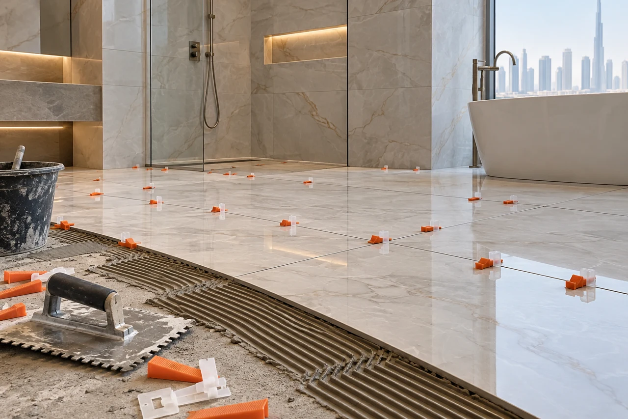 Floor and wall tiling work with leveling spacers and tile-setting tools